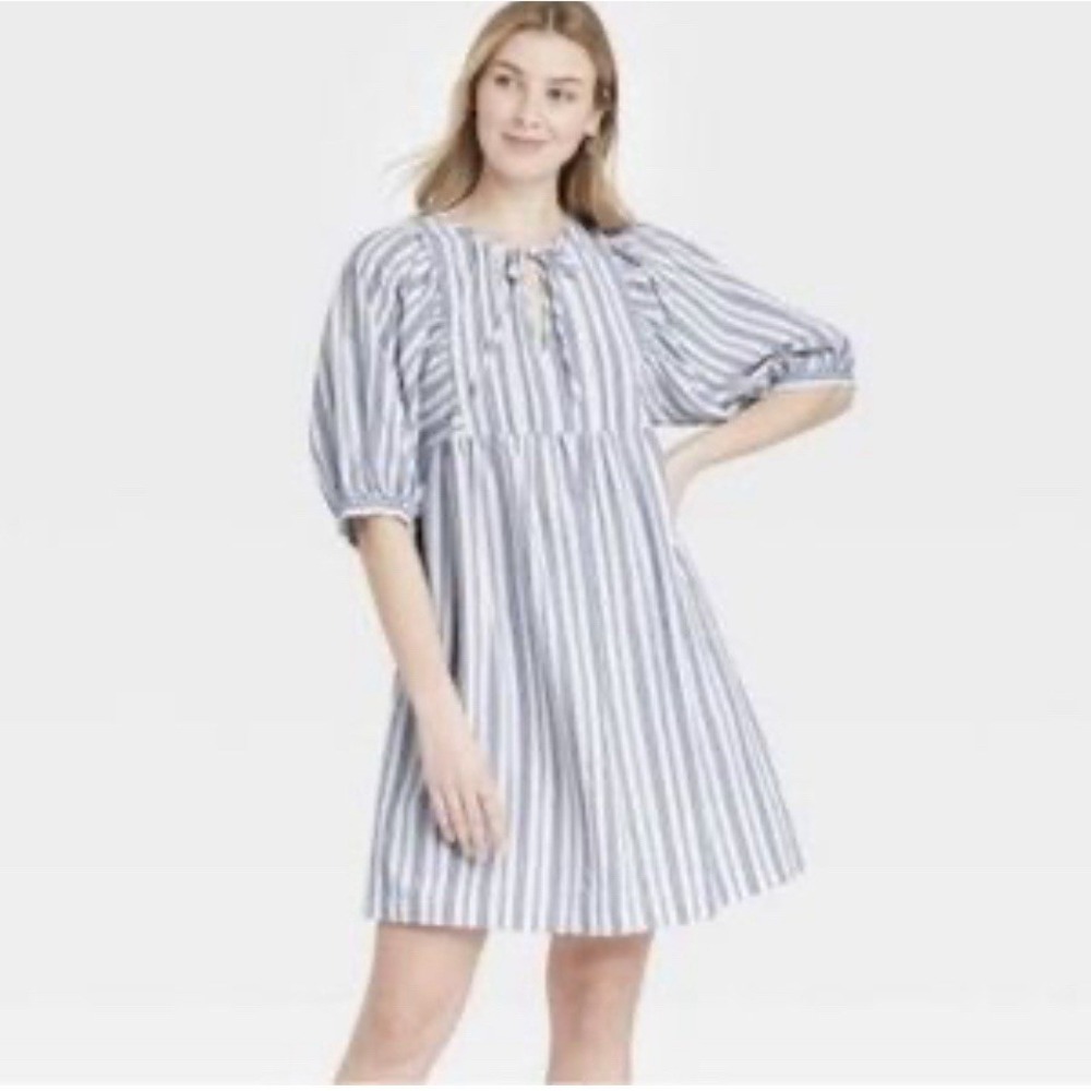 Universal‎ Thread mini dress Blue White, Balloon Sleeve 100% Cotton size small